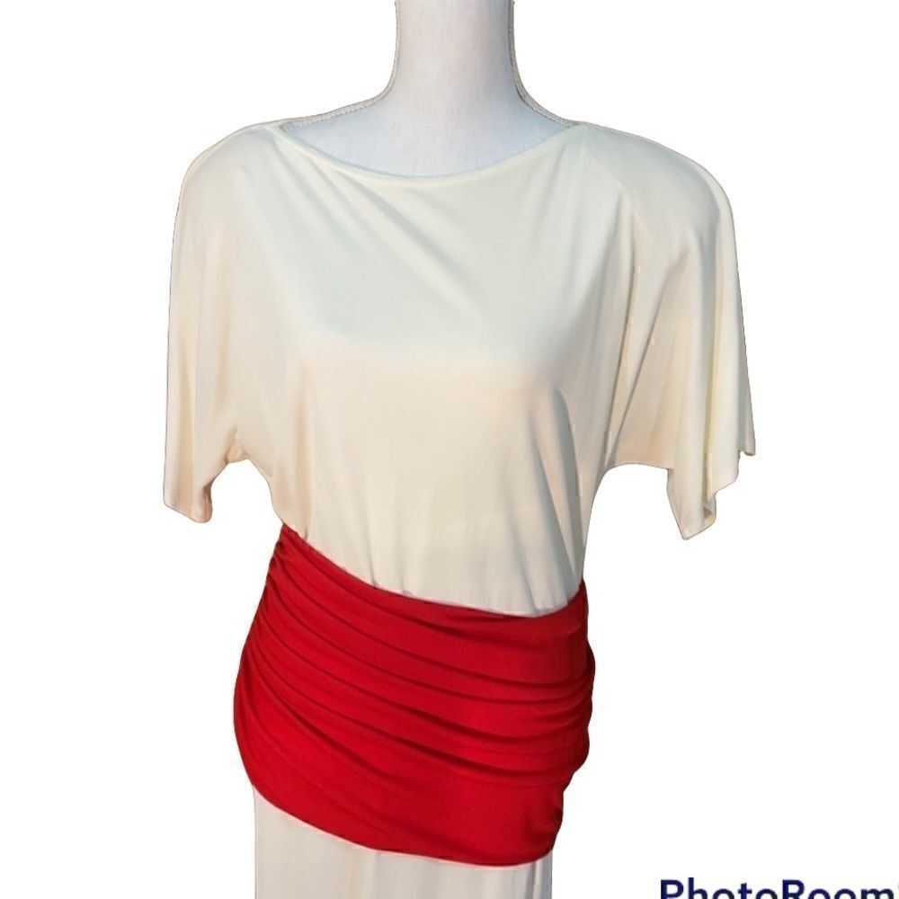 Jackie Rogers Grecian Style Cream maxi Dress, red waist band, neck tie, Medium - Picture 4 of 13